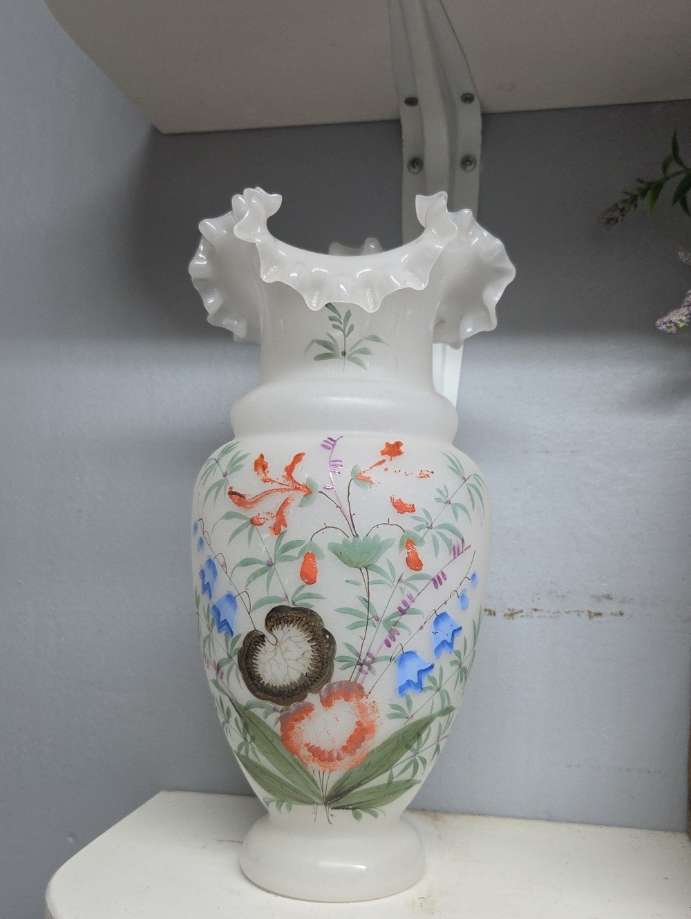 Vintage Bristol Milk Glass Mantel Vase Hand Painted Orange & Blue Flowers Fluted